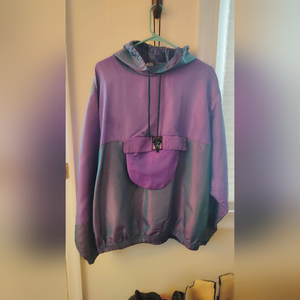 Vintage 90's Wiseguy Purple and Black Iridescent Holographic Windbreaker Hoodie